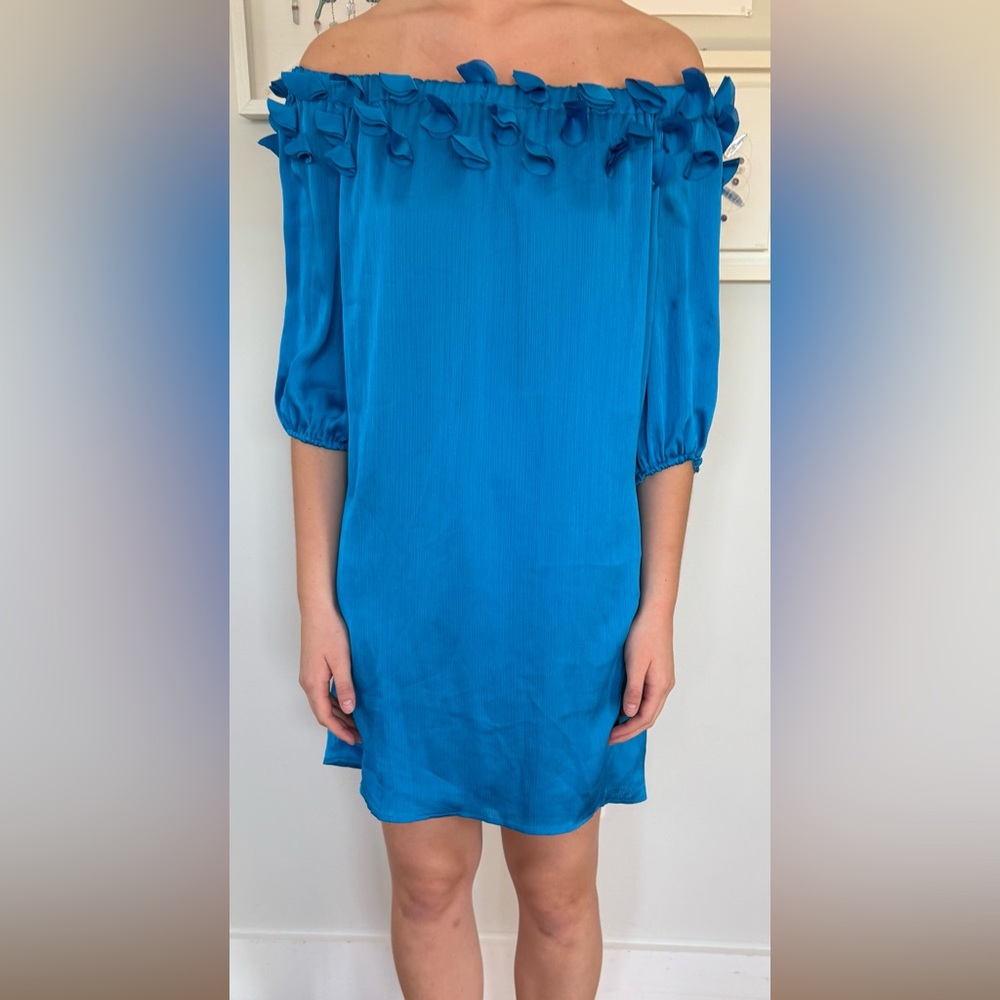 Boston Proper Blue off- Shoulder Tuffle
Trim Mini Dress